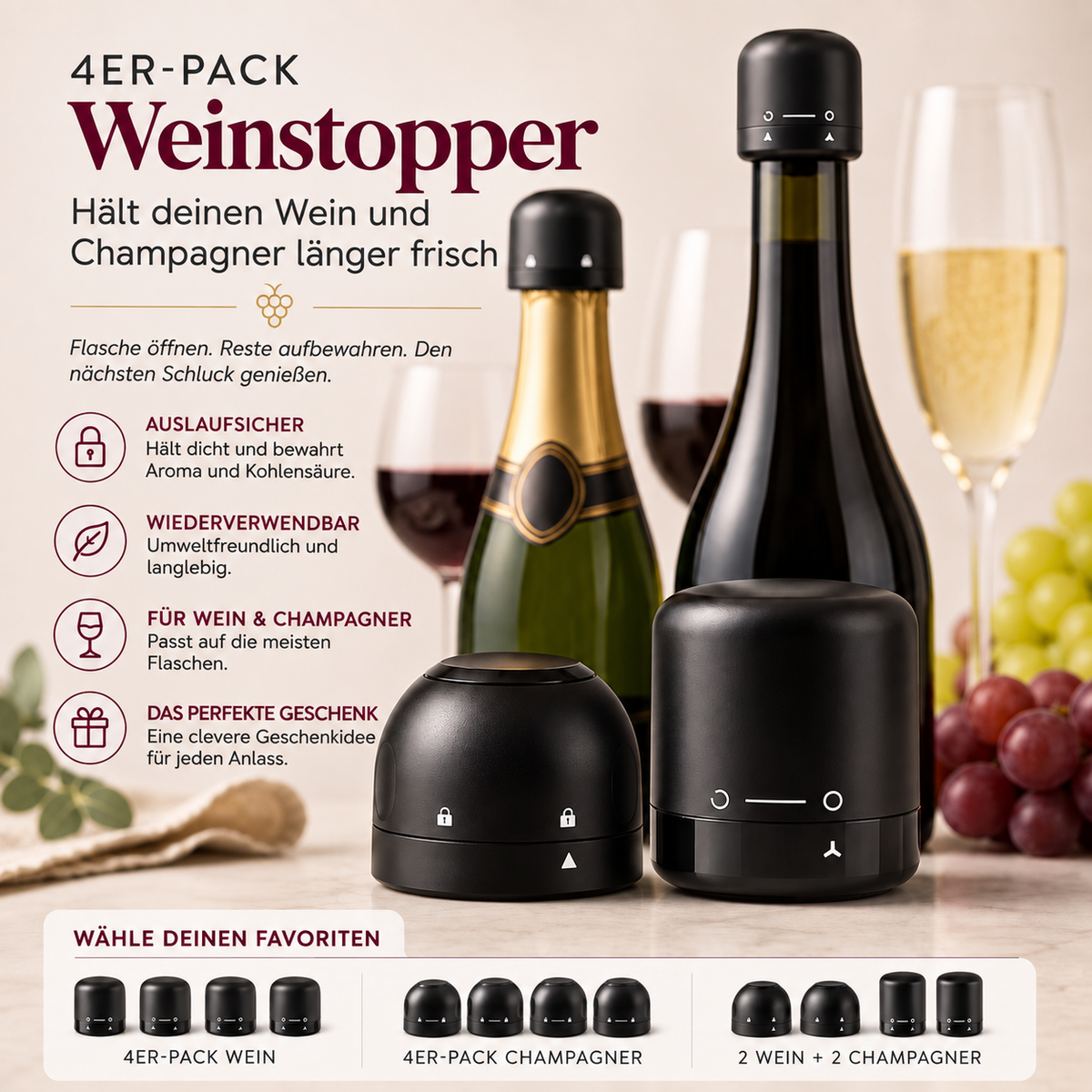 Flaschenverschluss für Wein und Champagner