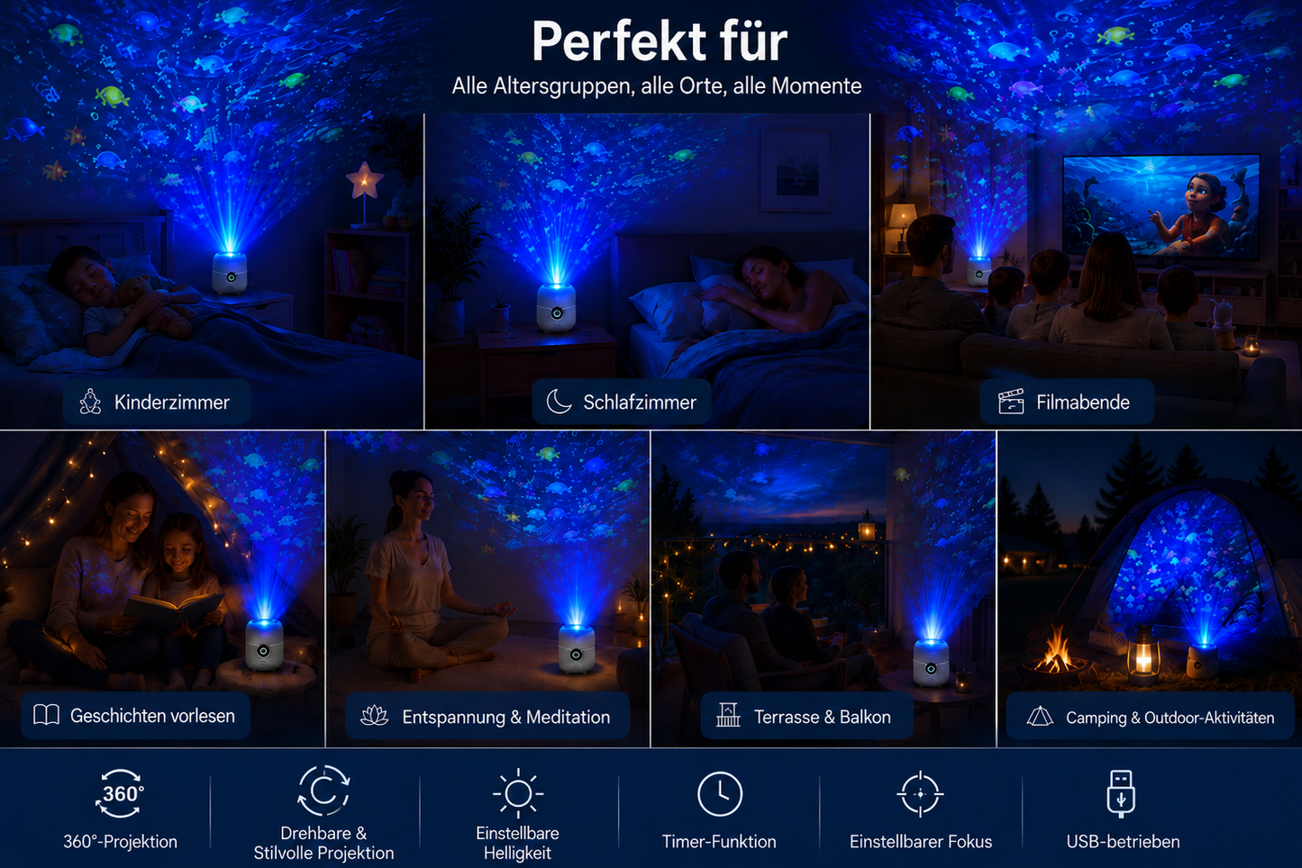 OceanWave Meeresprojektor mit rotierenden LED-Leuchten – Schaffen Sie magische Abende