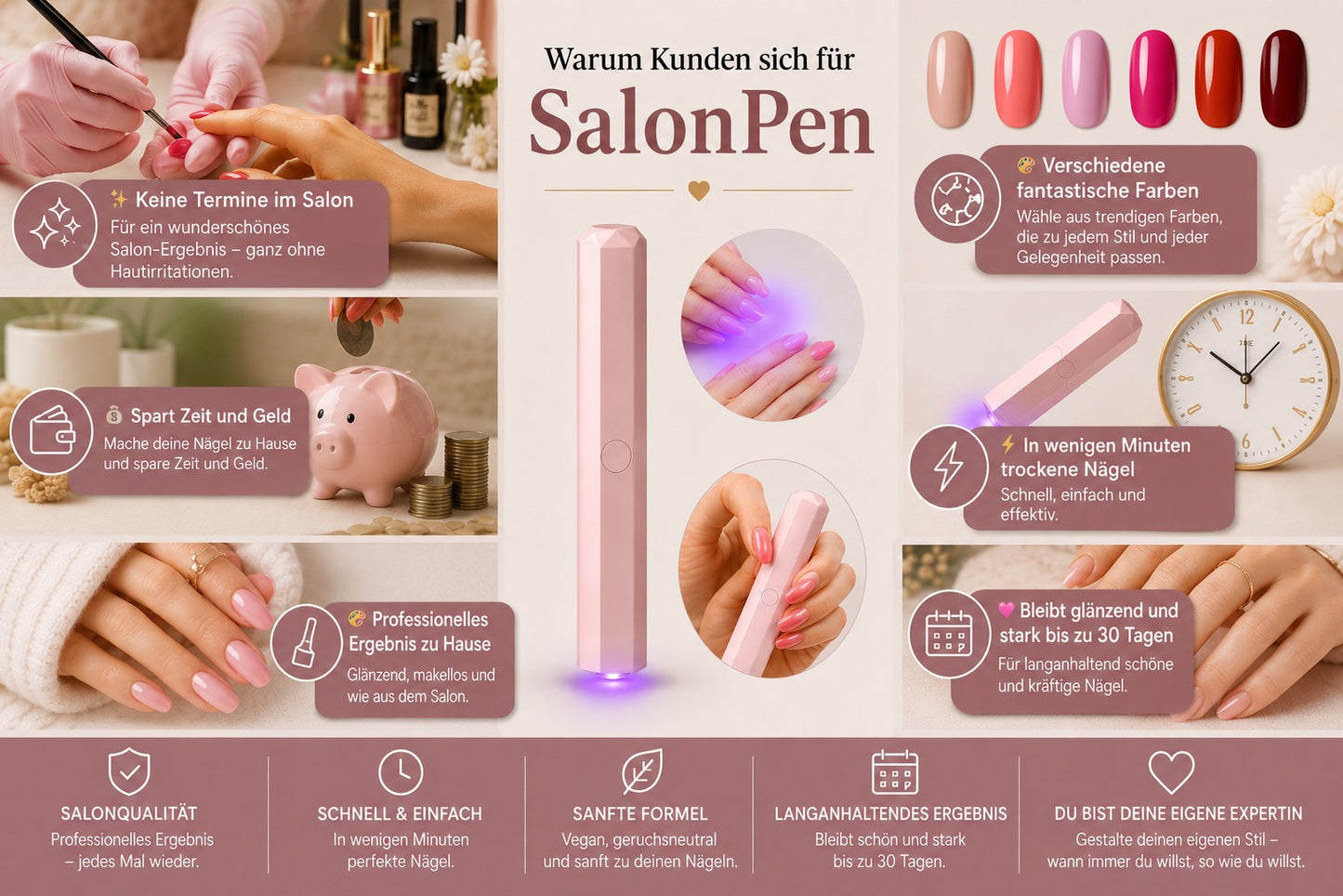 SalonPen – 3-in-1 Gelstift für Nägel mit UV-Lampe (6er-Set)