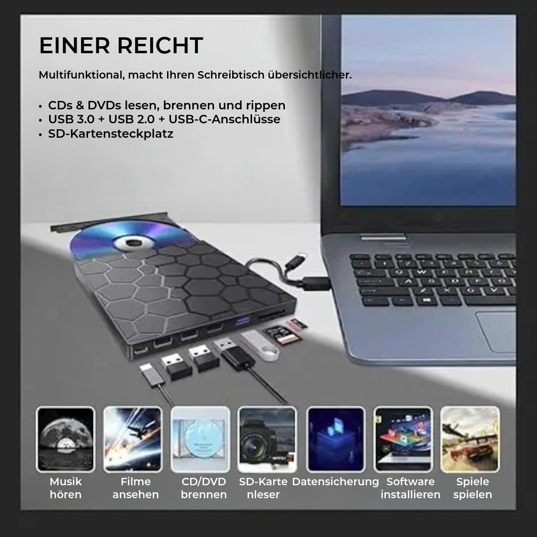 8-in-1 Externes CD/DVD-Laufwerk – Filme, Musik und Fotos abspielen, brennen und speichern