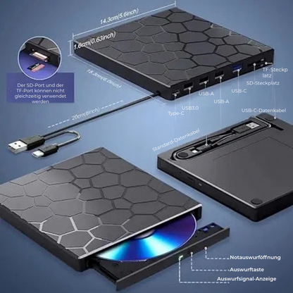 8-in-1 Externes CD/DVD-Laufwerk – Filme, Musik und Fotos abspielen, brennen und speichern