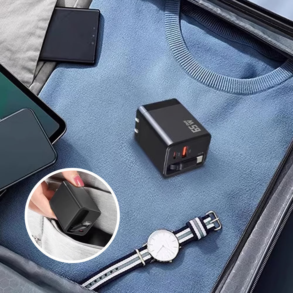 65W 3-in-1 Schnellladegerät mit ausziehbarem Kabel