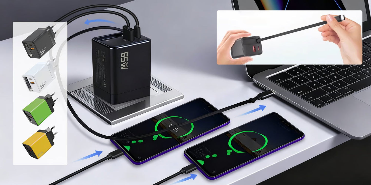 65W 3-in-1 Schnellladegerät mit ausziehbarem Kabel