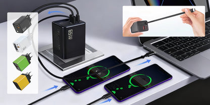 65W 3-in-1 Schnellladegerät mit ausziehbarem Kabel