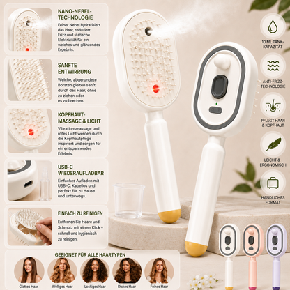 MistBrush – Elektrische Sprühbürste mit Nanonebel, Kopfmassage und Anti-Frizz-Technologie für weicheres, glänzenderes Haar