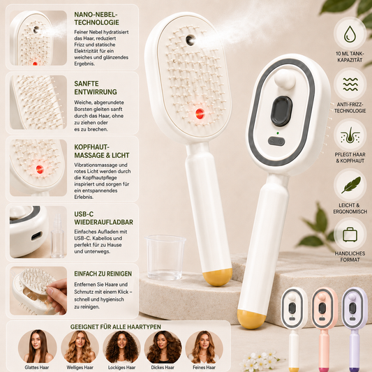 MistBrush – Elektrische Sprühbürste mit Nanonebel, Kopfmassage und Anti-Frizz-Technologie für weicheres, glänzenderes Haar