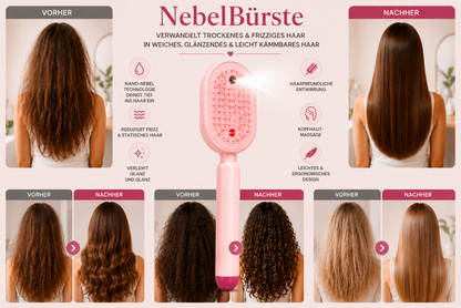 MistBrush – Elektrische Sprühbürste mit Nanonebel, Kopfmassage und Anti-Frizz-Technologie für weicheres, glänzenderes Haar