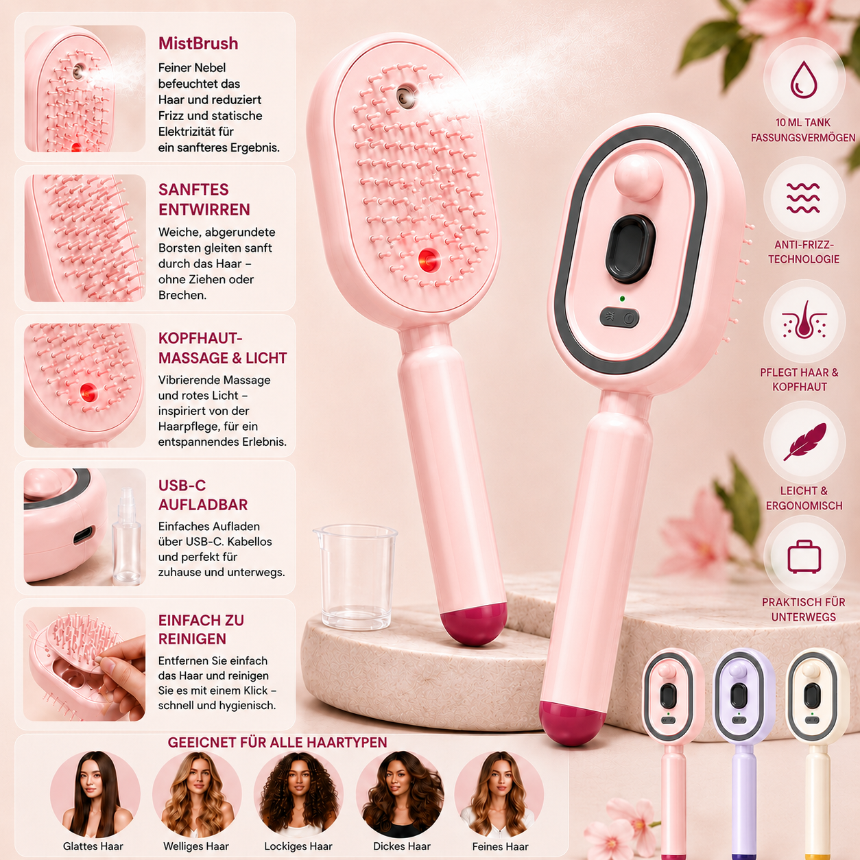 MistBrush – Elektrische Sprühbürste mit Nanonebel, Kopfmassage und Anti-Frizz-Technologie für weicheres, glänzenderes Haar