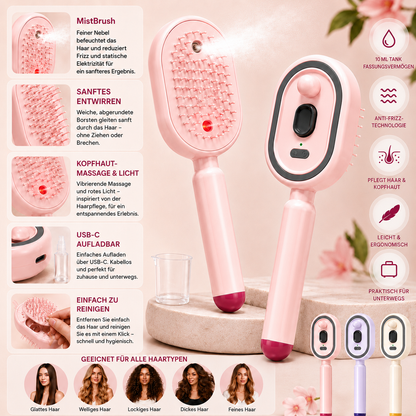 MistBrush – Elektrische Sprühbürste mit Nanonebel, Kopfmassage und Anti-Frizz-Technologie für weicheres, glänzenderes Haar