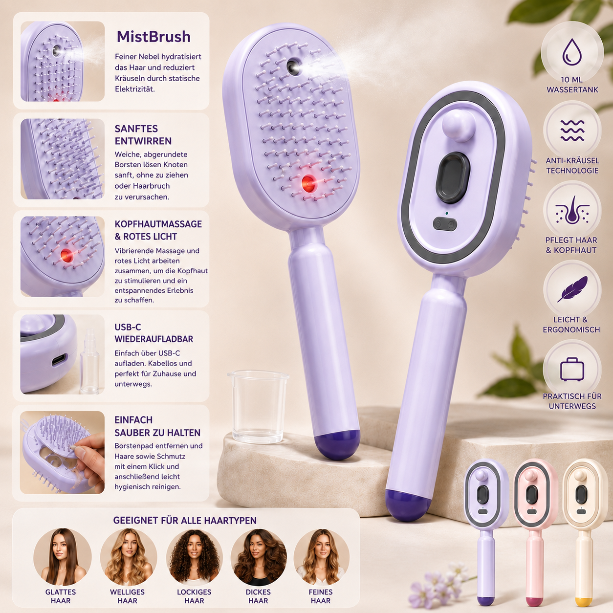 MistBrush – Elektrische Sprühbürste mit Nanonebel, Kopfmassage und Anti-Frizz-Technologie für weicheres, glänzenderes Haar