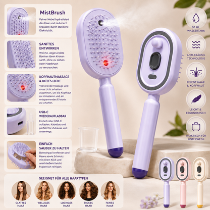 MistBrush – Elektrische Sprühbürste mit Nanonebel, Kopfmassage und Anti-Frizz-Technologie für weicheres, glänzenderes Haar
