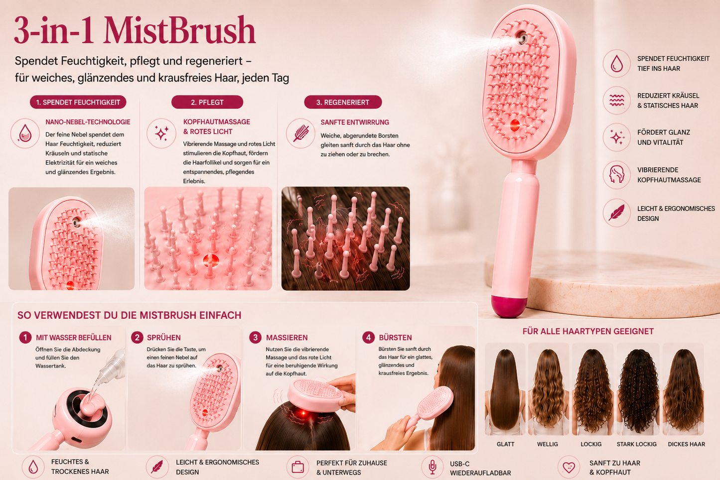 MistBrush – Elektrische Sprühbürste mit Nanonebel, Kopfmassage und Anti-Frizz-Technologie für weicheres, glänzenderes Haar
