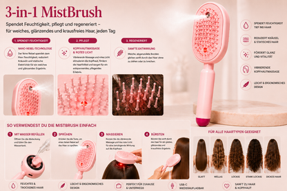 MistBrush – Elektrische Sprühbürste mit Nanonebel, Kopfmassage und Anti-Frizz-Technologie für weicheres, glänzenderes Haar
