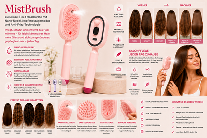 MistBrush – Elektrische Sprühbürste mit Nanonebel, Kopfmassage und Anti-Frizz-Technologie für weicheres, glänzenderes Haar