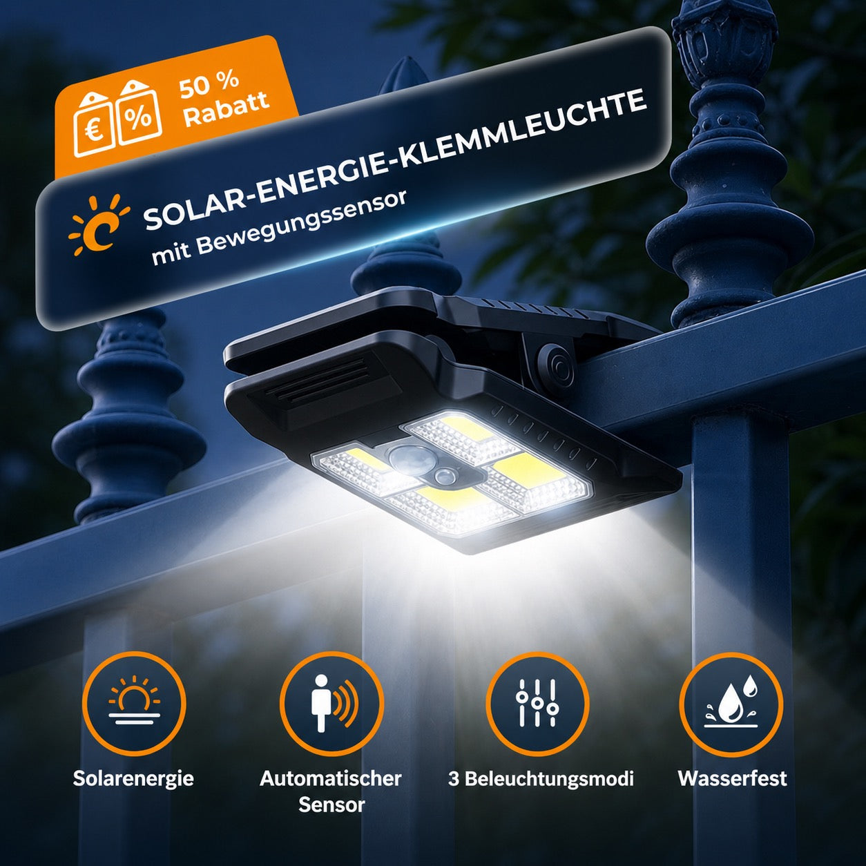 Solar-Außenlampe mit Bewegungssensor und Clipbefestigung