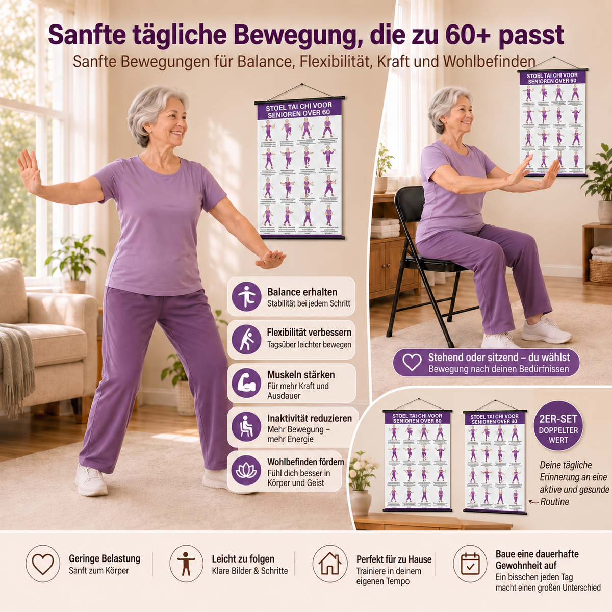 Tai-Chi-Stuhltraining – 2er-Poster-Set für einfaches Training zu Hause (60+)