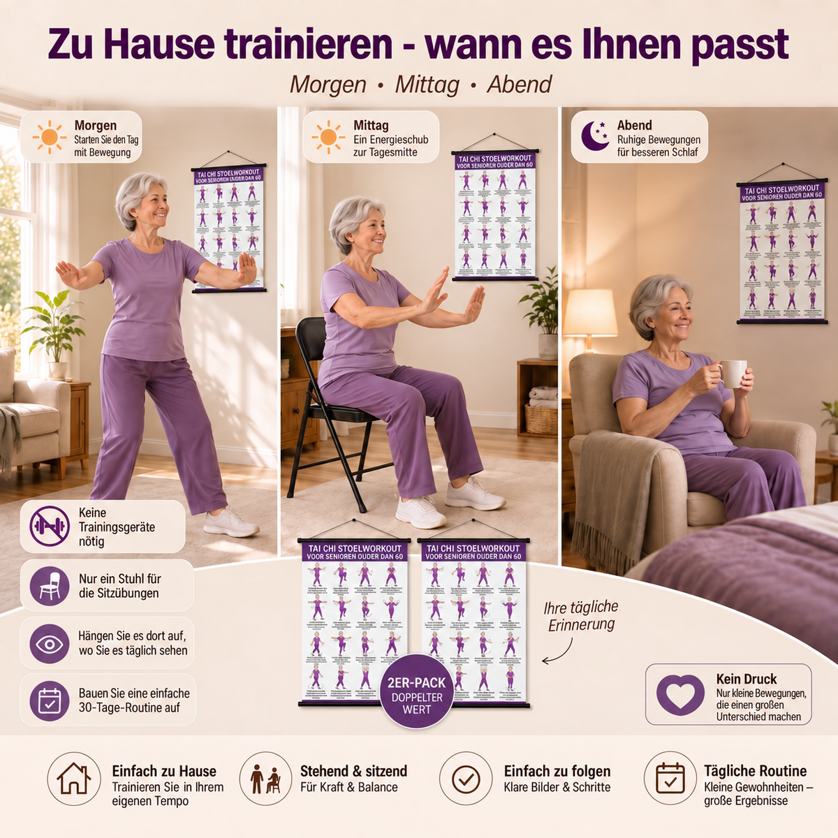 Tai-Chi-Stuhltraining – 2er-Poster-Set für einfaches Training zu Hause (60+)