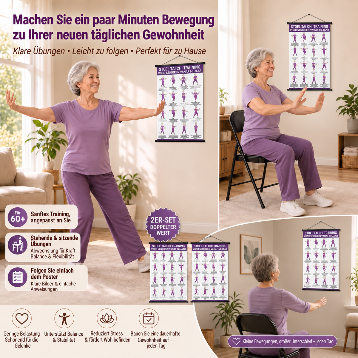 Tai-Chi-Stuhltraining – 2er-Poster-Set für einfaches Training zu Hause (60+)