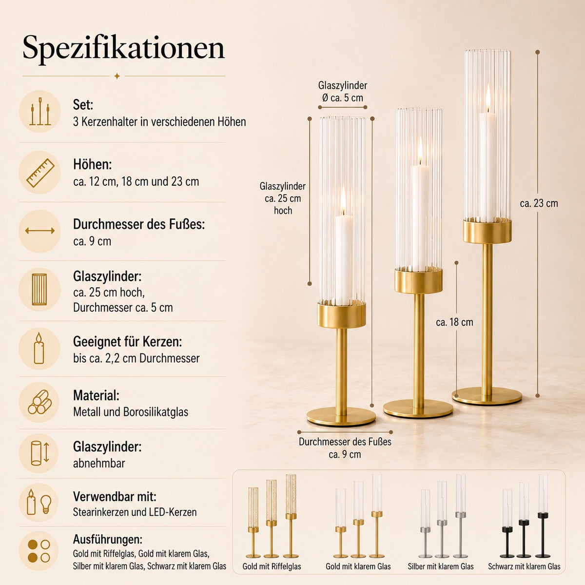 Elegante Kerzenhalter mit Glaszylinder in 3 Höhen