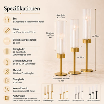 Elegante Kerzenhalter mit Glaszylinder in 3 Höhen