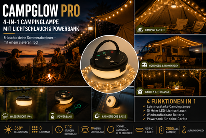 4-in-1 – Wiederaufladbare Campinglampe mit Lichterkette und Powerbank