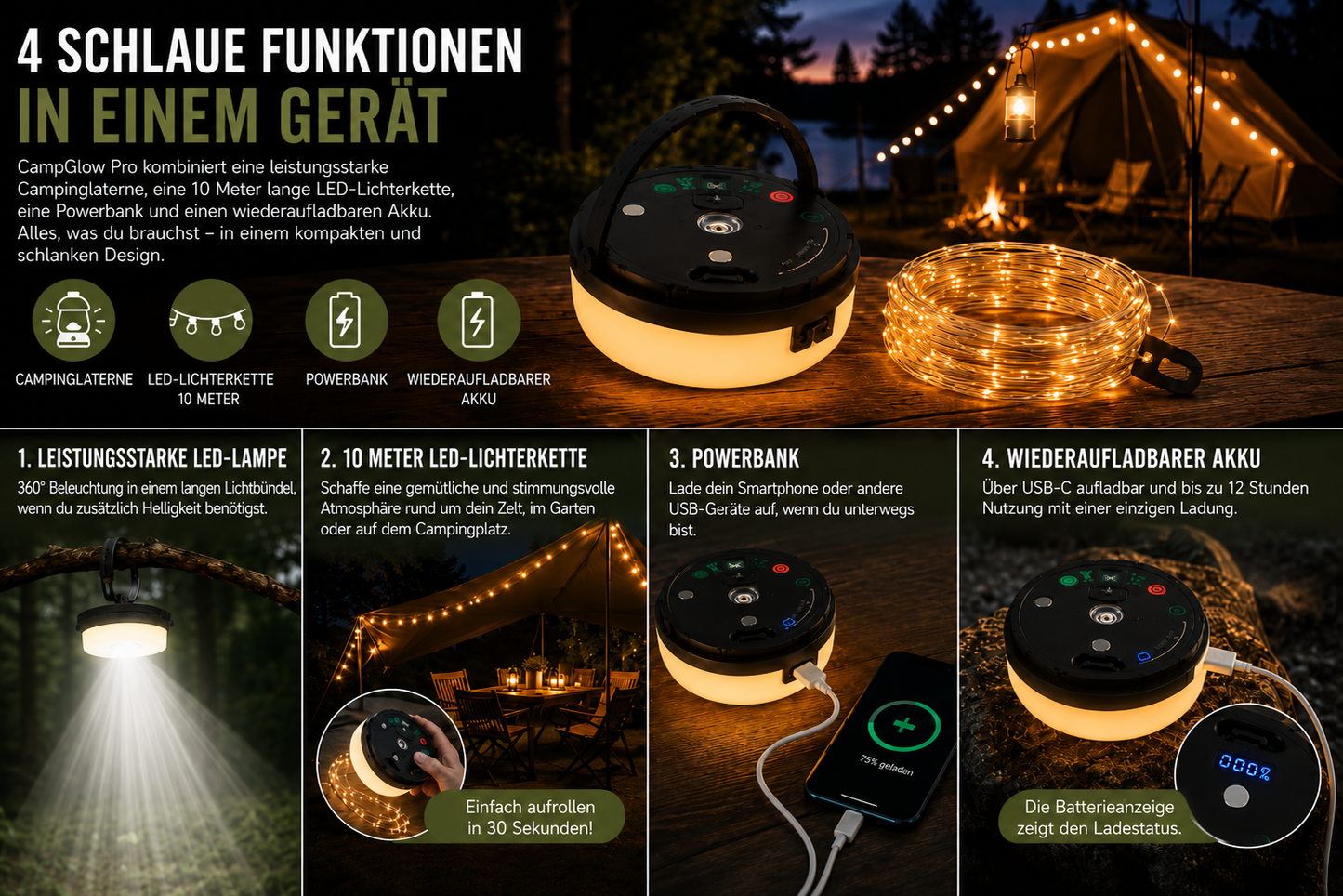 4-in-1 – Wiederaufladbare Campinglampe mit Lichterkette und Powerbank