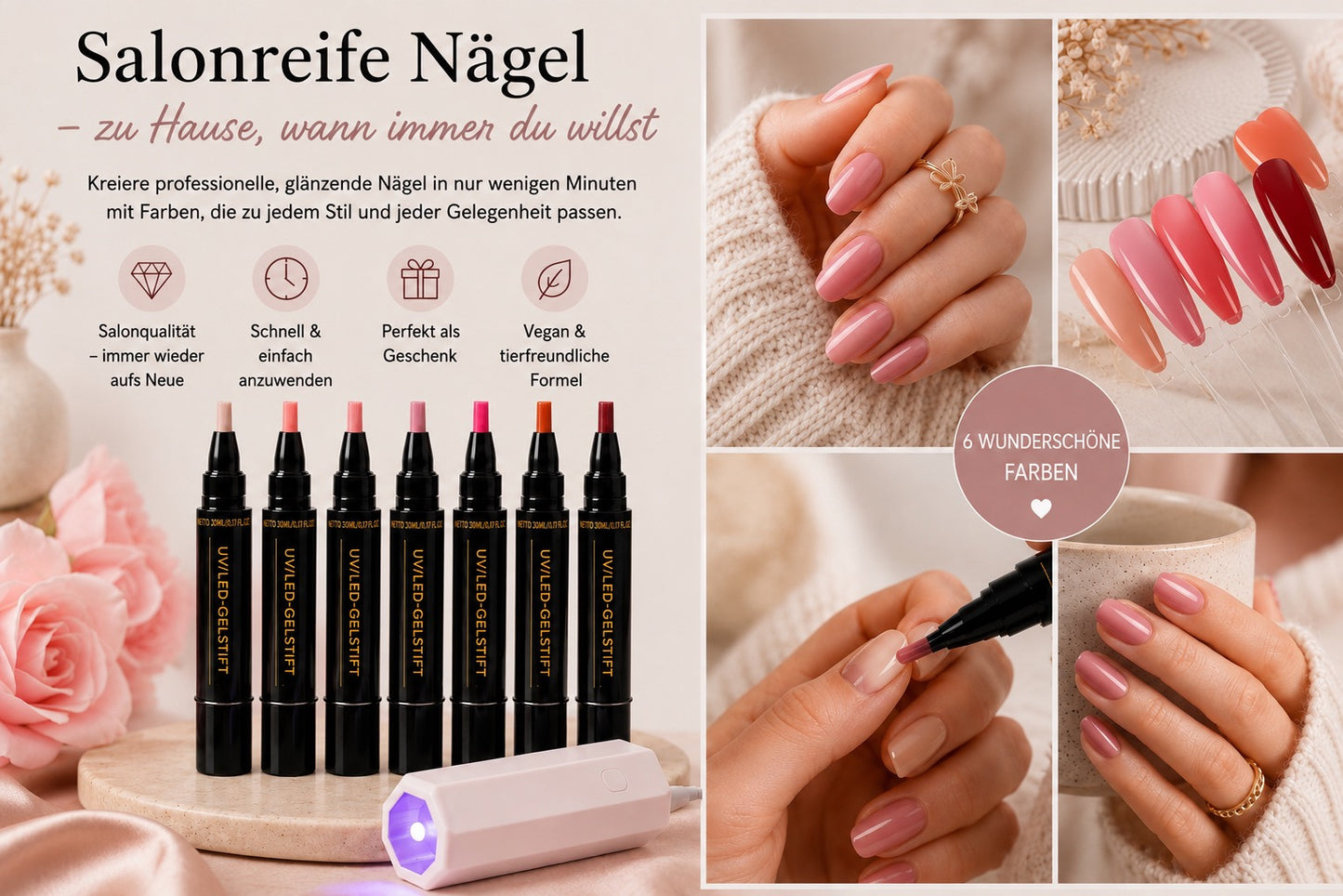 SalonPen – 3-in-1 Gelstift für Nägel mit UV-Lampe (6er-Set)