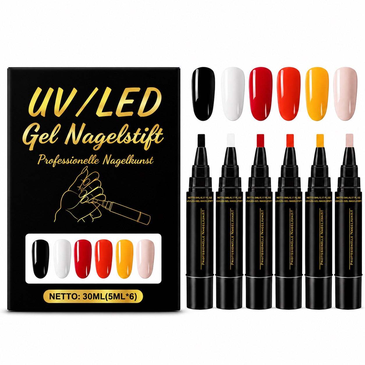 SalonPen – 3-in-1 Gelstift für Nägel mit UV-Lampe (6er-Set)