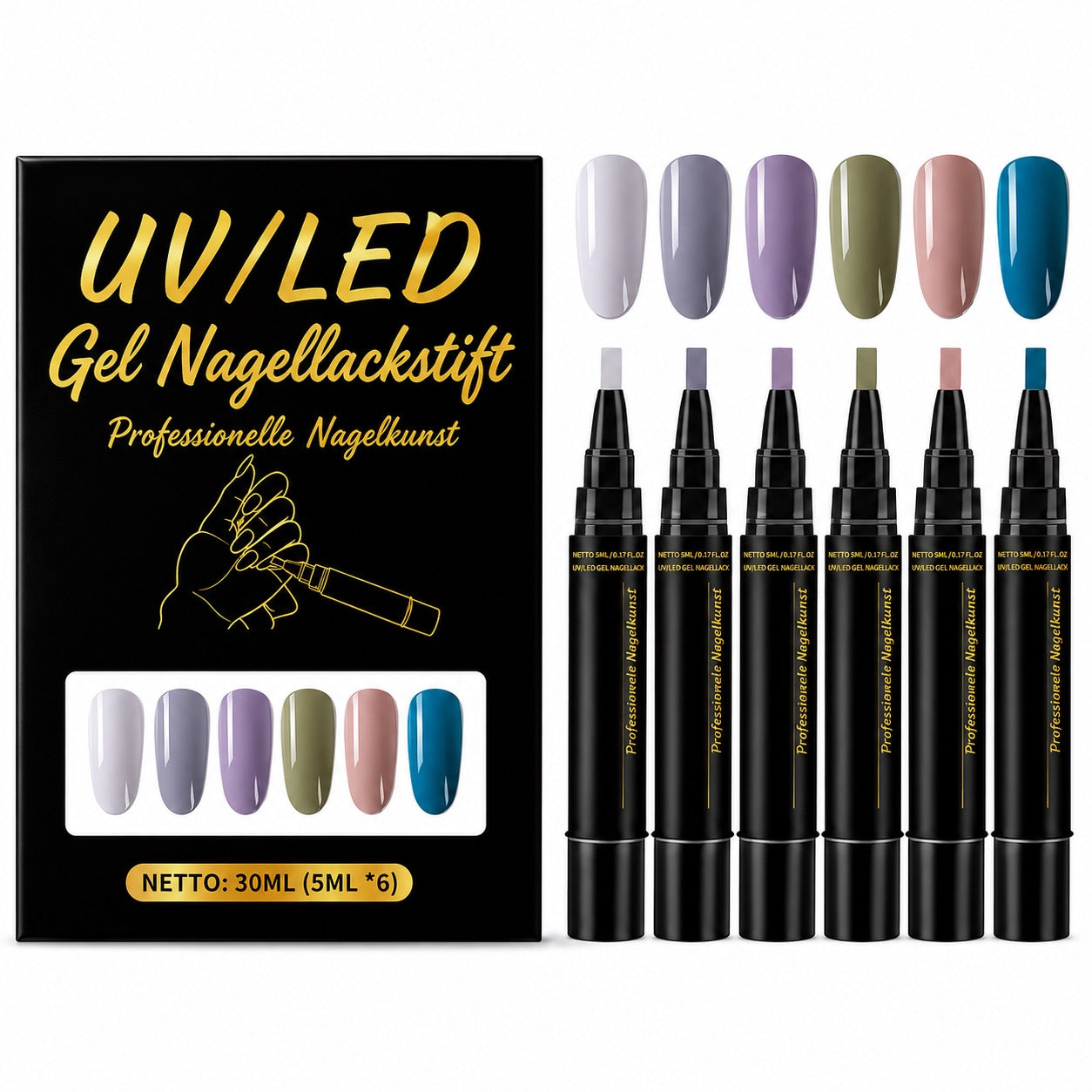 SalonPen – 3-in-1 Gelstift für Nägel mit UV-Lampe (6er-Set)