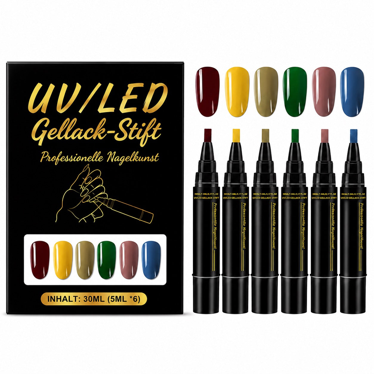 SalonPen – 3-in-1 Gelstift für Nägel mit UV-Lampe (6er-Set)