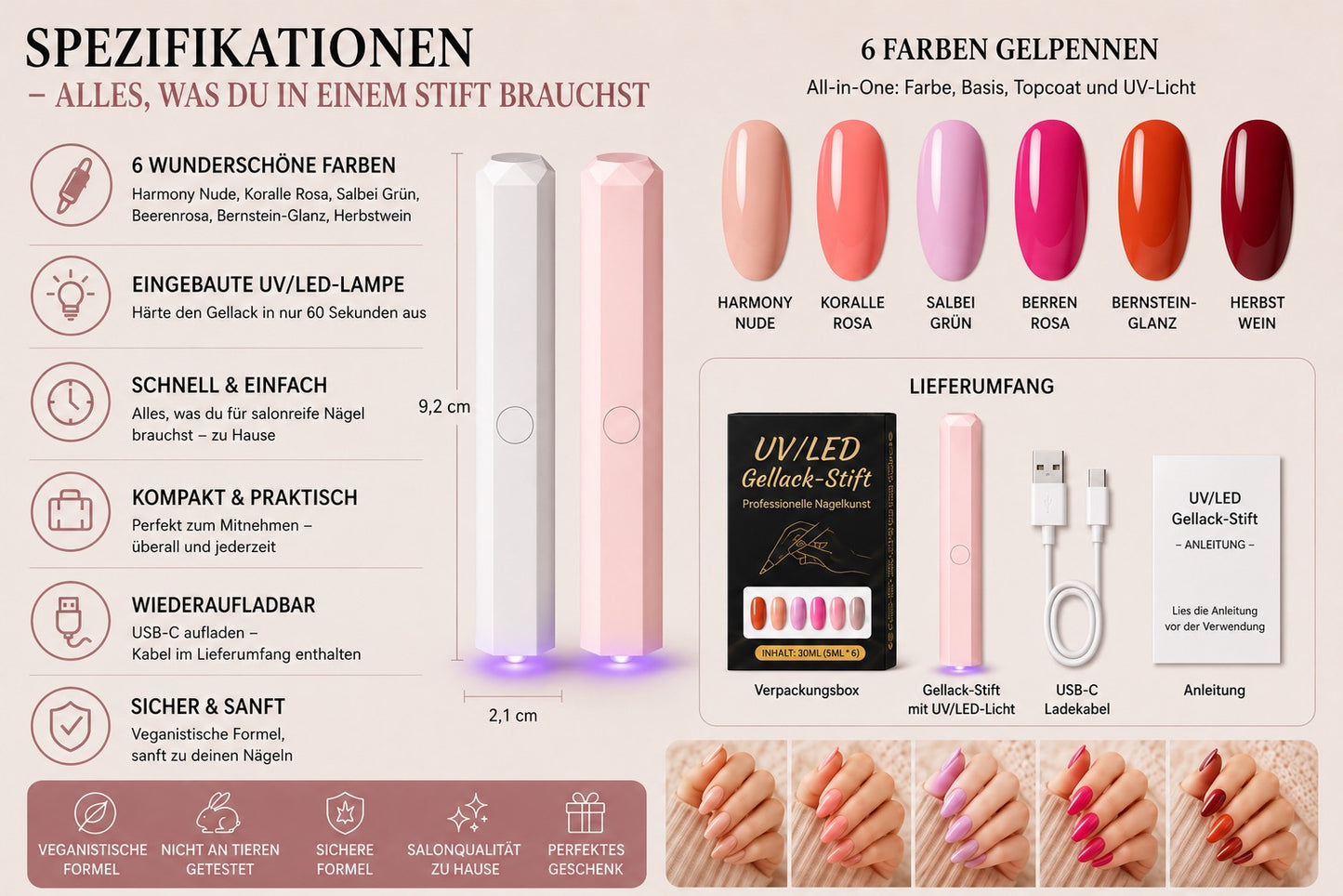 SalonPen – 3-in-1 Gelstift für Nägel mit UV-Lampe (6er-Set)