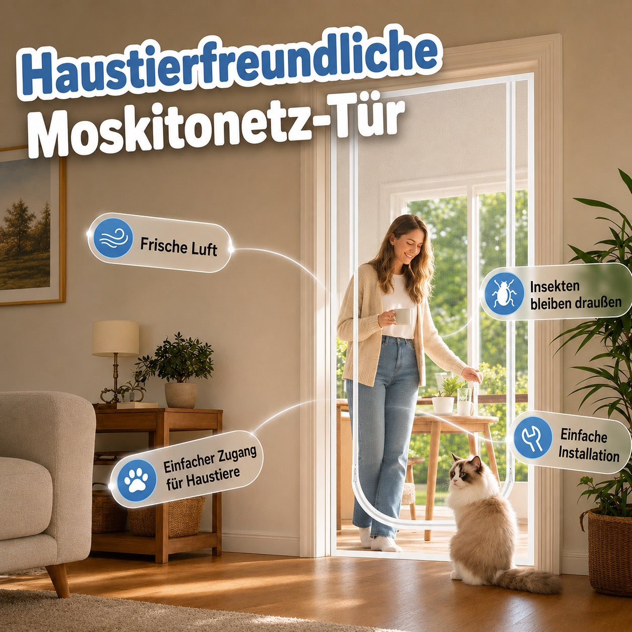 Fliegengittertür mit Reißverschluss – robustes Gewebe, das Kratzer verhindert, hält Katzen und Hunde zuverlässig drinnen oder draußen, ideal für warme Tage und frische Luft