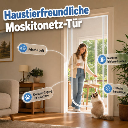 Fliegengittertür mit Reißverschluss – robustes Gewebe, das Kratzer verhindert, hält Katzen und Hunde zuverlässig drinnen oder draußen, ideal für warme Tage und frische Luft