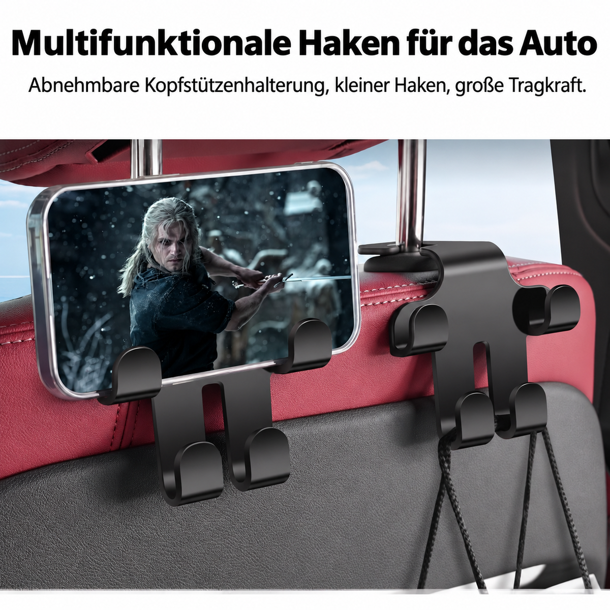 Auto-Logo-Kopfstützenhaken (2 Stück) — Robuste, platzsparende Aufbewahrung für Taschen, Einkäufe und Zubehör