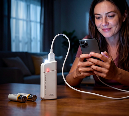 Tragbares Notladegerät mit AA-Batterien – USB-Aufladung, kompakt und mit LED-Taschenlampe – perfekt für Reisen, Pendeln und Stromausfälle