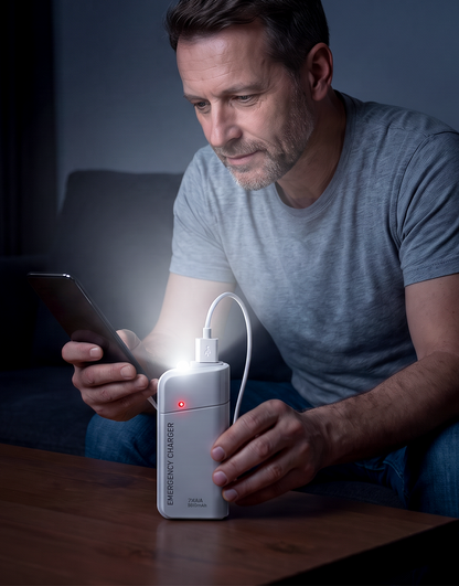 Tragbares Notladegerät mit AA-Batterien – USB-Aufladung, kompakt und mit LED-Taschenlampe – perfekt für Reisen, Pendeln und Stromausfälle