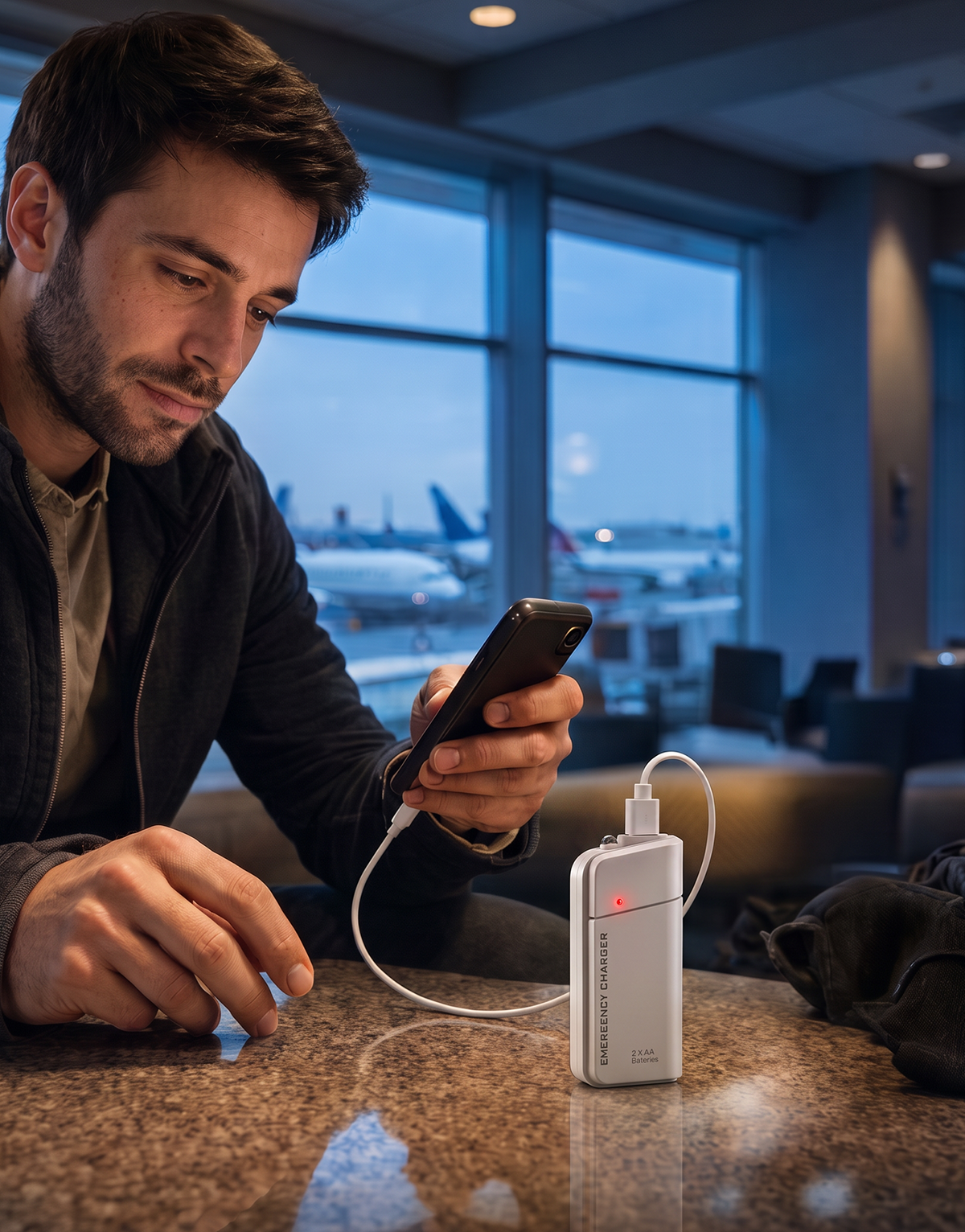 Tragbares Notladegerät mit AA-Batterien – USB-Aufladung, kompakt und mit LED-Taschenlampe – perfekt für Reisen, Pendeln und Stromausfälle
