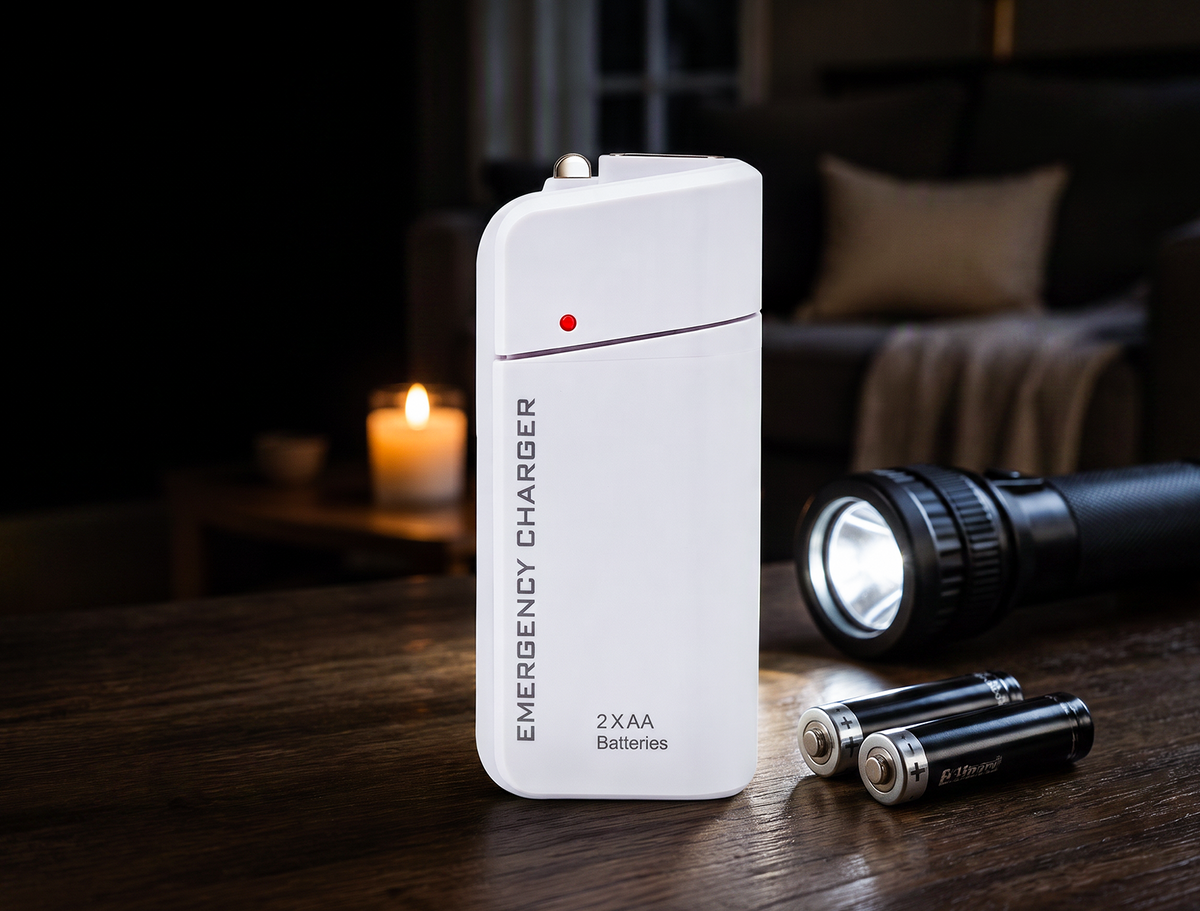Tragbares Notladegerät mit AA-Batterien – USB-Aufladung, kompakt und mit LED-Taschenlampe – perfekt für Reisen, Pendeln und Stromausfälle