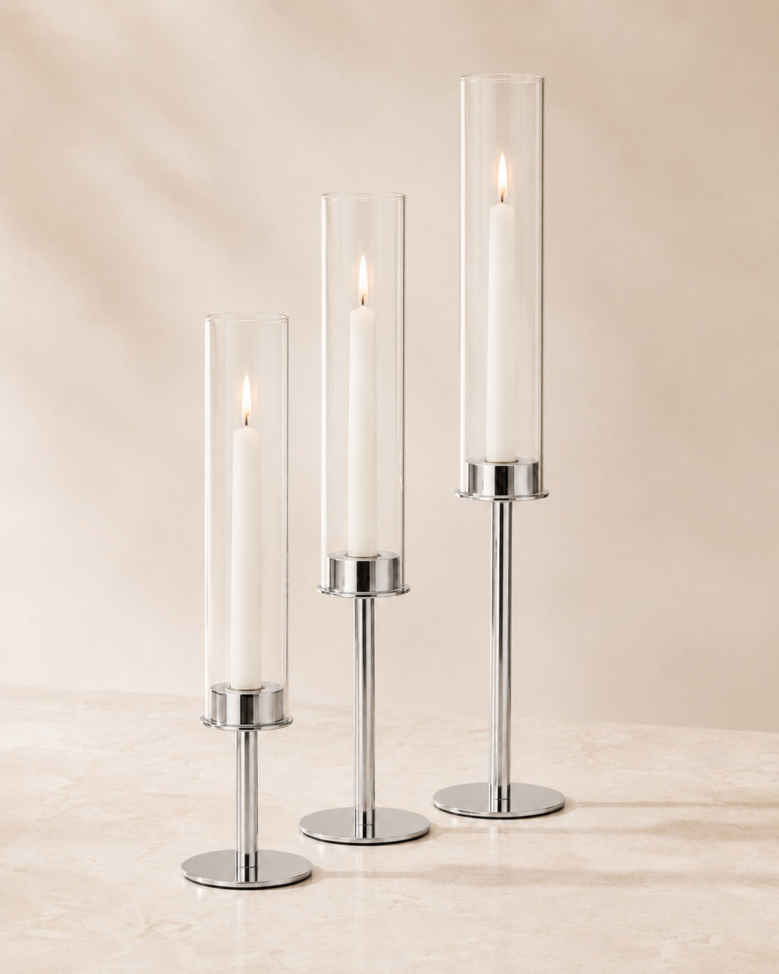 Elegante Kerzenhalter mit Glaszylinder in 3 Höhen