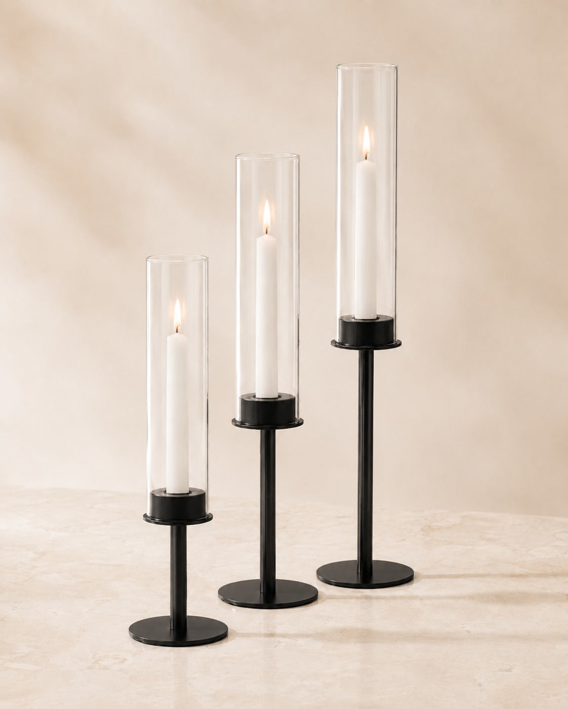 Elegante Kerzenhalter mit Glaszylinder in 3 Höhen
