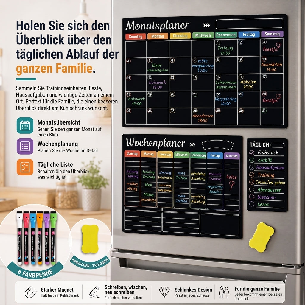 Magnetischer Familienplaner – Monats-, Wochen- und Tagesübersicht