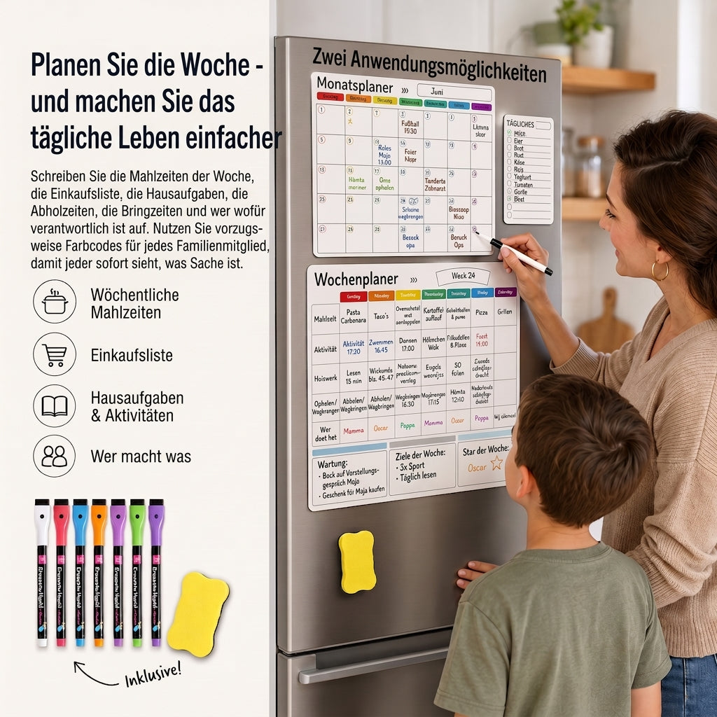 Magnetischer Familienplaner – Monats-, Wochen- und Tagesübersicht