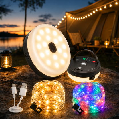 4-in-1 – Wiederaufladbare Campinglampe mit Lichterkette und Powerbank