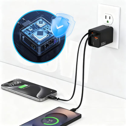 65W 3-in-1 Schnellladegerät mit ausziehbarem Kabel