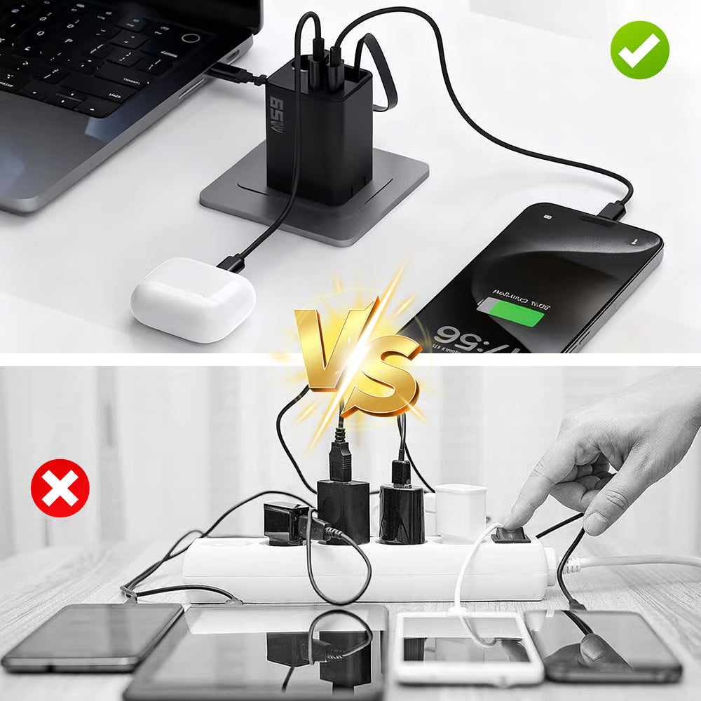 65W 3-in-1 Schnellladegerät mit ausziehbarem Kabel