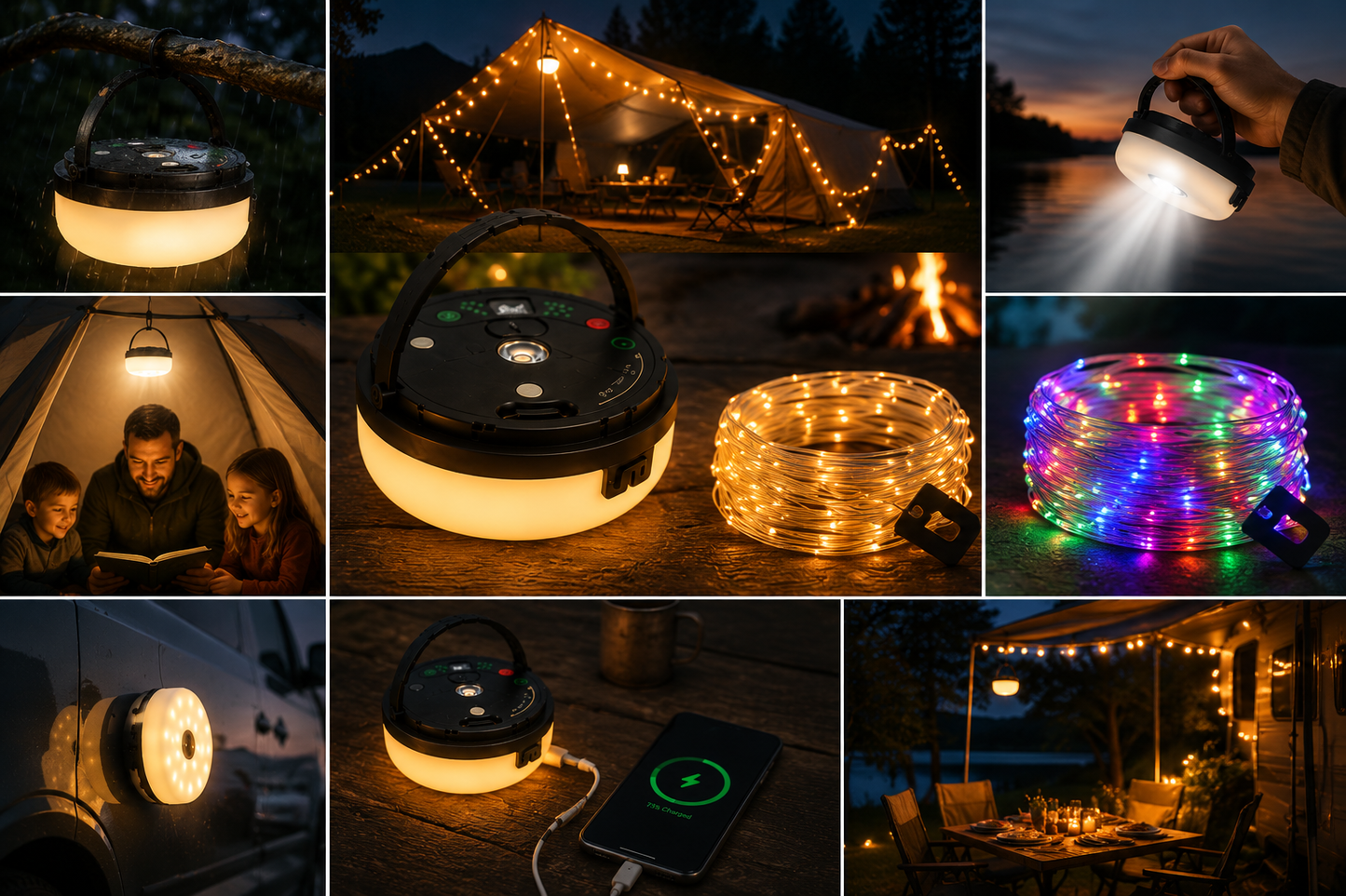 4-in-1 – Wiederaufladbare Campinglampe mit Lichterkette und Powerbank
