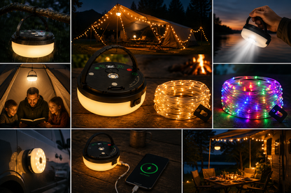 4-in-1 – Wiederaufladbare Campinglampe mit Lichterkette und Powerbank
