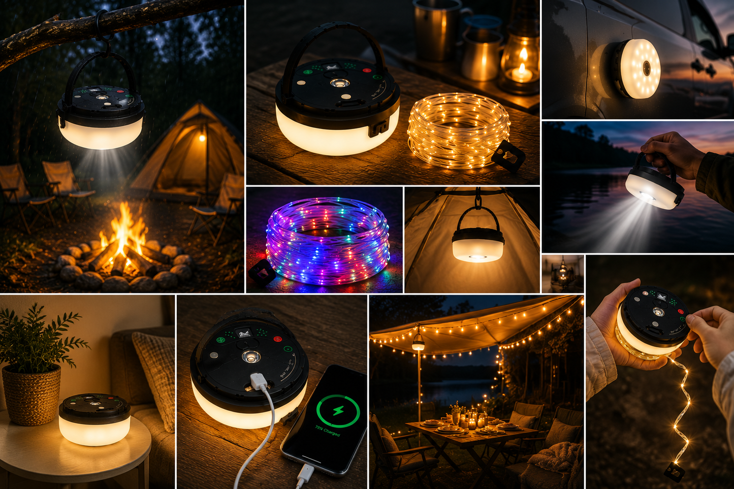 4-in-1 – Wiederaufladbare Campinglampe mit Lichterkette und Powerbank